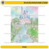 Fairytale castle landscape PNG with river, flowers, and ducks