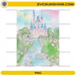 Fairytale castle landscape PNG with river, flowers, and ducks