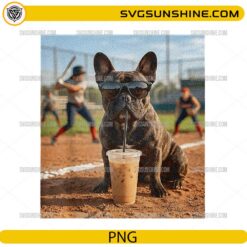 French Bulldog wearing sunglasses drinking iced coffee on baseball field PNG