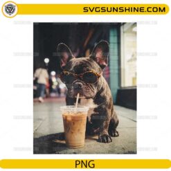 French Bulldog wearing sunglasses drinking iced coffee PNG design