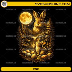 Golden Easter Bunny PNG with moonlight forest, waterfall, and decorated eggs