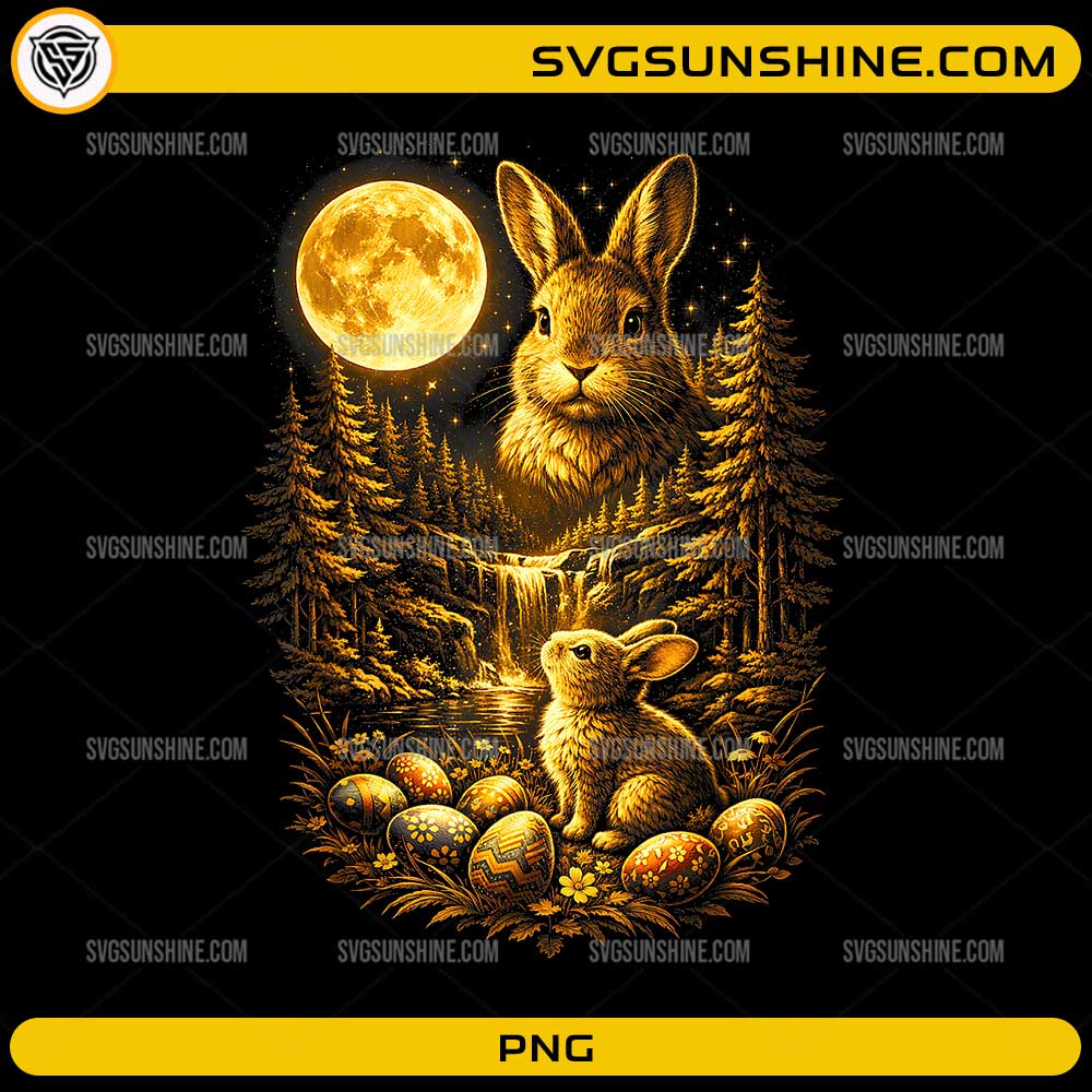 Golden Easter Bunny PNG with moonlight forest, waterfall, and decorated eggs