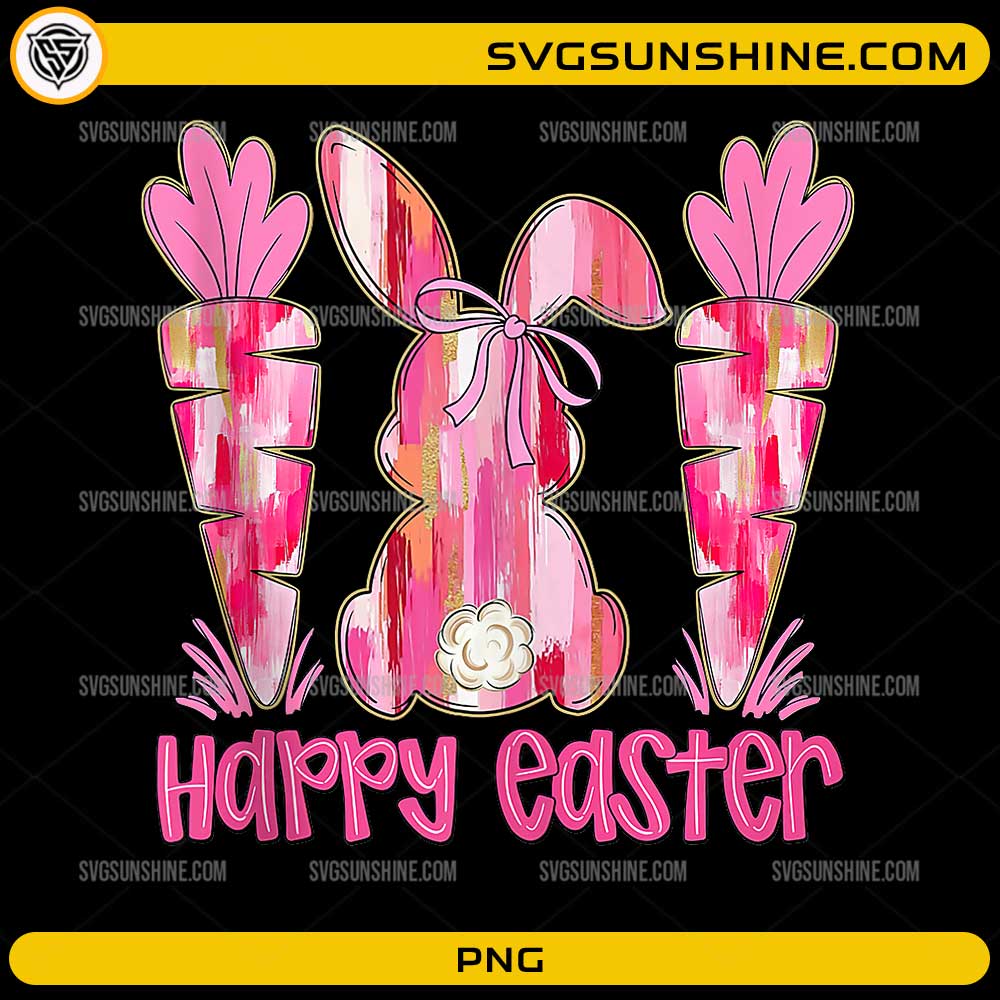 Happy Easter Bunny PNG with pink bunny silhouette and carrots design