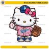 Hello Kitty wearing pink Dodgers baseball uniform holding ball and glove