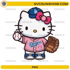 Hello Kitty wearing pink Dodgers baseball uniform holding ball and glove