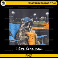 funny raccoon drinking iced coffee baseball field PNG design