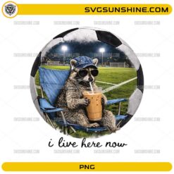 funny raccoon drinking iced coffee soccer field PNG design
