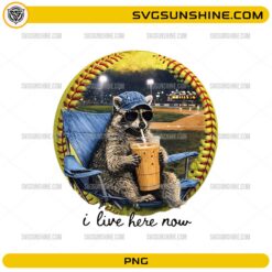 funny raccoon drinking iced coffee softball field PNG design