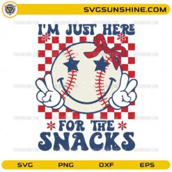Retro baseball SVG with quote I’m just here for the snacks and cute design elements