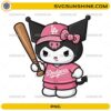 Kuromi wearing pink Dodgers baseball outfit holding bat cute cartoon