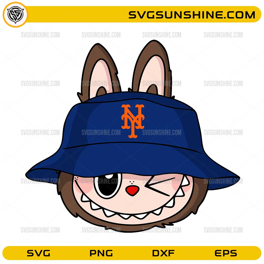 Labubu cartoon wearing New York Mets hat SVG design