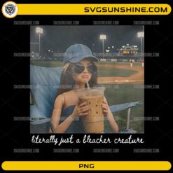 Funny bleacher creature doll holding iced coffee at baseball game PNG