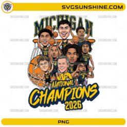 Michigan Wolverines cartoon team national champions 2026 PNG with players and coach illustration