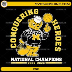 Michigan Wolverines Conquering Heroes mascot spinning basketball national champions 2026 PNG