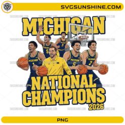 Michigan Wolverines National Champions 2026 basketball team PNG with players illustration
