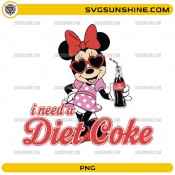 Minnie Mouse wearing heart sunglasses holding Diet Coke with “I need a Diet Coke” text PNG