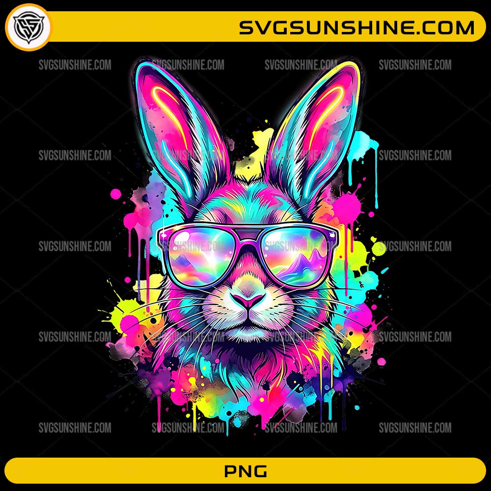 Neon Easter Bunny PNG colorful rabbit with sunglasses and paint splash design