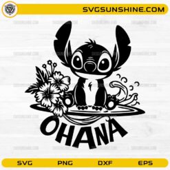 Ohana Stitch SVG with cute cartoon alien and Hawaiian flowers for Cricut