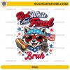 funny raccoon wearing sunglasses holding hot dog and American flag red white and feral bruh