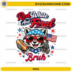 funny raccoon wearing sunglasses holding hot dog and American flag red white and feral bruh