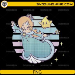 Rosalina and Luma cute galaxy princess PNG with retro striped background