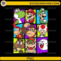 Super Mario characters PNG Yoshi Luigi Bowser Mario colorful grid design