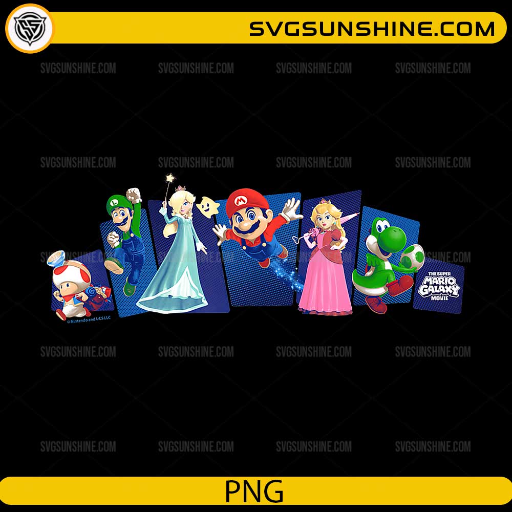 Super Mario Galaxy characters Mario Luigi Peach Yoshi Rosalina PNG design