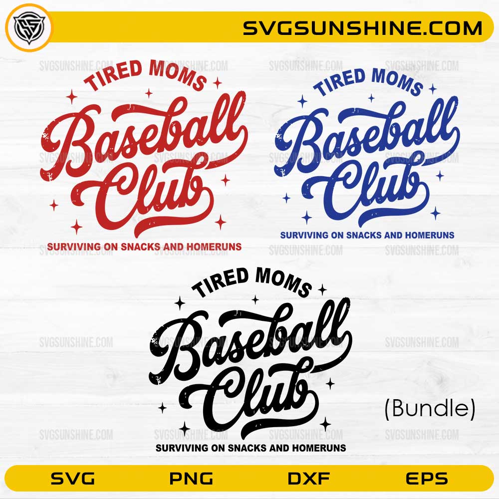 Tired Moms Baseball Club SVG bundle with red blue and black designs for baseball moms
