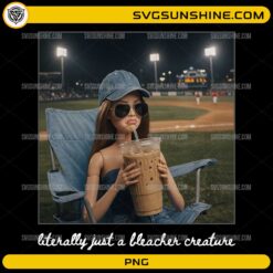 funny bleacher creature girl sitting at baseball field drinking iced coffee