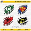 DC Comics Super Hero Logo Bundle SVG featuring ripped superhero emblem designs for Cricut and Silhouette