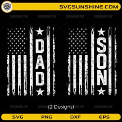 American Flag Dad and Son SVG bundle with matching distressed patriotic flag designs for Father's Day and family shirts