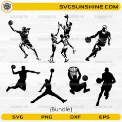 Basketball Players Silhouette Bundle SVG featuring dribbling, shooting, dunking, and layup action poses
