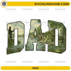 Bass Fishing Dad PNG design with fisherman silhouette and bass fish illustration