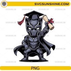 Cute Black Panther graduation PNG with superhero holding diploma and wearing graduation cap