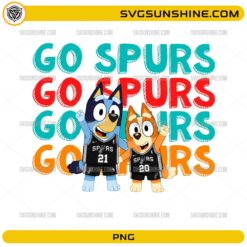 Bluey San Antonio Spurs SVG design featuring cartoon characters in Spurs jerseys with Go Spurs basketball text