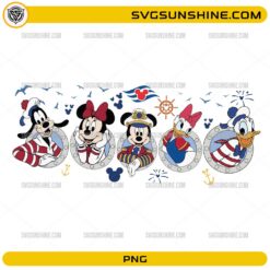 Disney Cruise Mickey and Friends PNG featuring Mickey Mouse, Minnie Mouse, Donald Duck, Daisy Duck, and Goofy in cruise-themed outfits