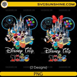 Disneyland 2026 Mickey and Friends Bundle PNG featuring Mickey Mouse, Minnie Mouse, Donald Duck, Goofy, castle, fireworks, and balloons