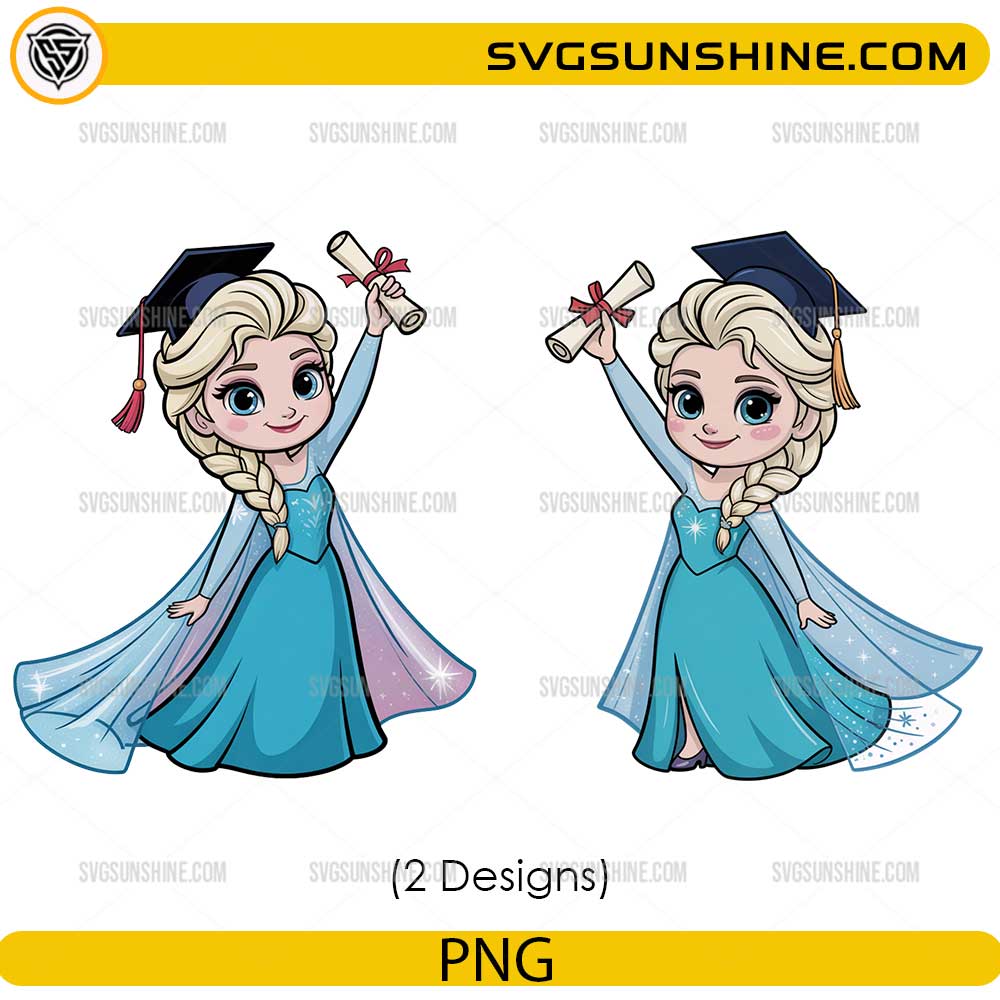 Cute Elsa graduation PNG bundle with diploma and graduation cap
