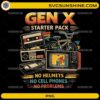 Gen X Starter Pack PNG featuring cassette tape, VHS, BMX bike, retro gaming controller and vintage nostalgia theme