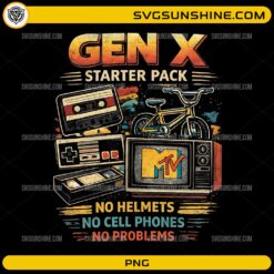 Gen X Starter Pack PNG featuring cassette tape, VHS, BMX bike, retro gaming controller and vintage nostalgia theme