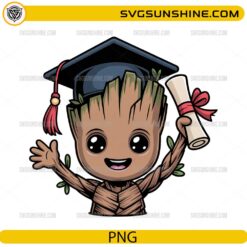 Cute Groot graduation PNG holding diploma and wearing graduation cap