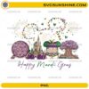 Happy Mardi Gras Disney PNG with castle fireworks and colorful hearts