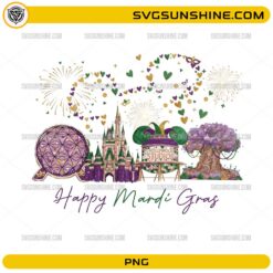 Happy Mardi Gras Disney PNG with castle fireworks and colorful hearts