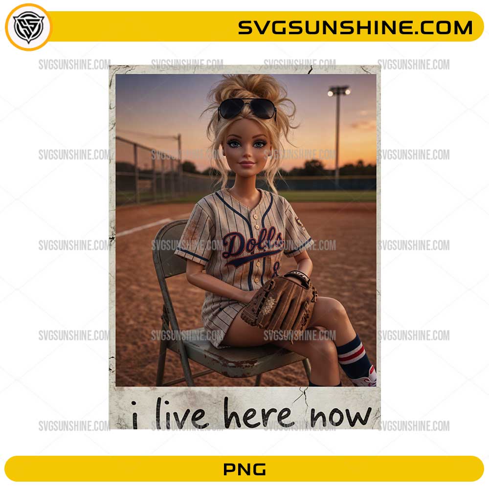 baseball doll sitting on chair at field with glove and sunset saying I live here now