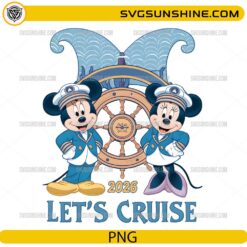 Let’s Cruise 2026 PNG design with captain cartoon characters and cruise wheel