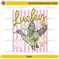 Lucky Duck Striped Design PNG with flying duck and retro pink stripes