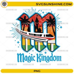 Magic Kingdom PNG with castle monorail and sunset design