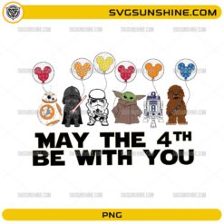 May The 4th Be With You PNG with cute characters holding colorful balloons
