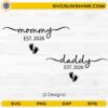 Mommy Daddy Est. 2026 SVG Bundle with baby footprints for pregnancy announcements and matching parent shirts