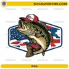 Patriotic Bass Fishing PNG with American flag background and 1776 fishing hat design